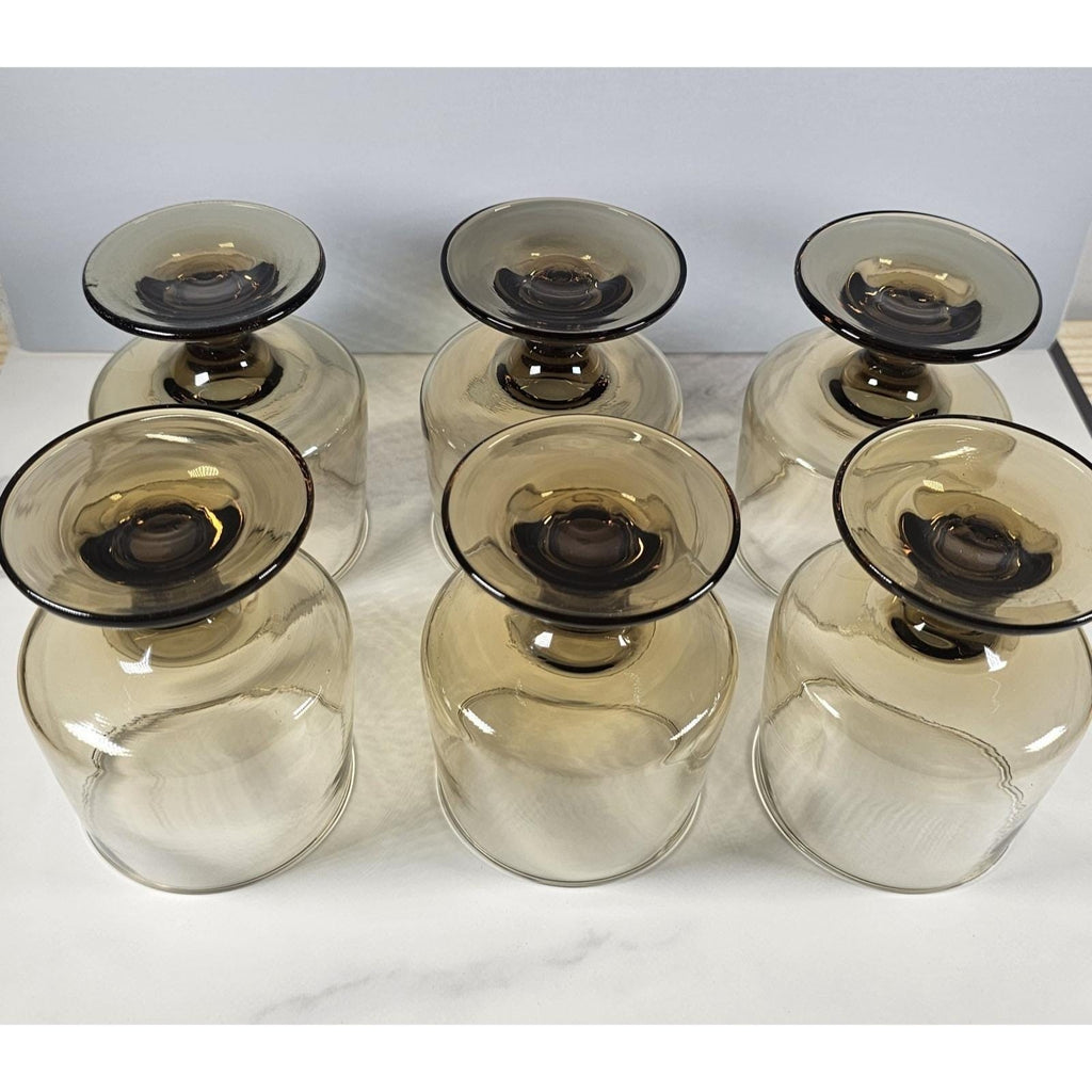 Mid Century Smokey Glass Goblets Set of 6 Vintage Footed Wine Glasses