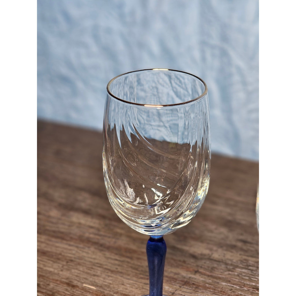 Vintage Blue Stem Wine Glasses Set of 2 Gold Rim Clear Bowl 8 Inch