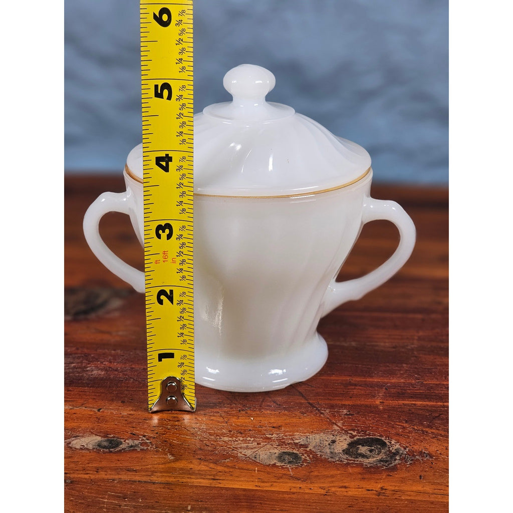 Vintage Milk Glass Sugar Bowl with Lid Gold Trim Fluted Handles