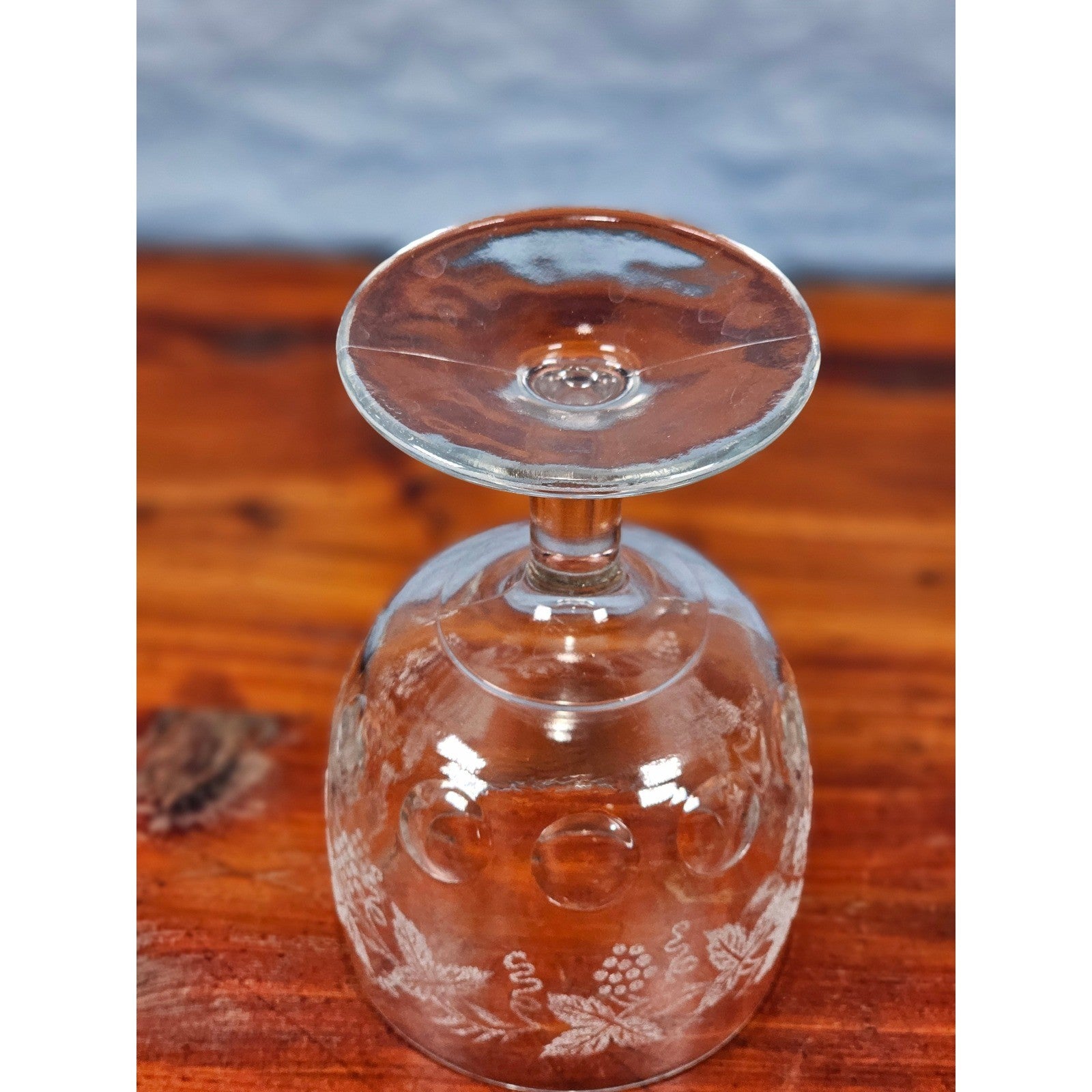 Vintage Etched Glass Goblet Grape Vine Design Clear Stem Wine Glass