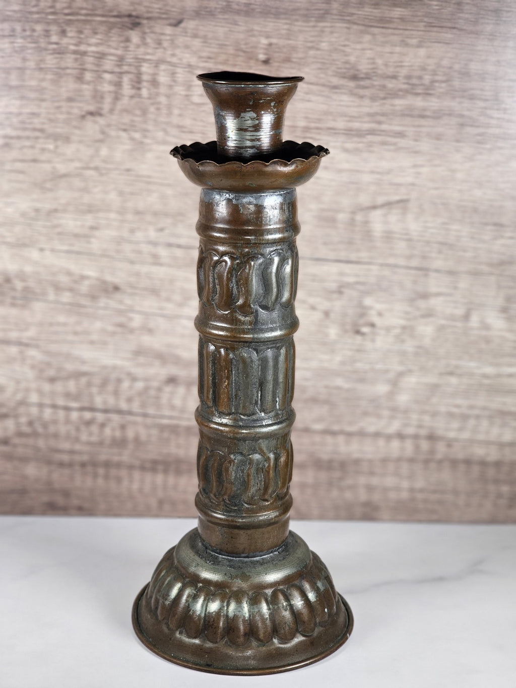 Antique Tinned Copper Candlestick Holder Ornate Embossed Design 12" Tall