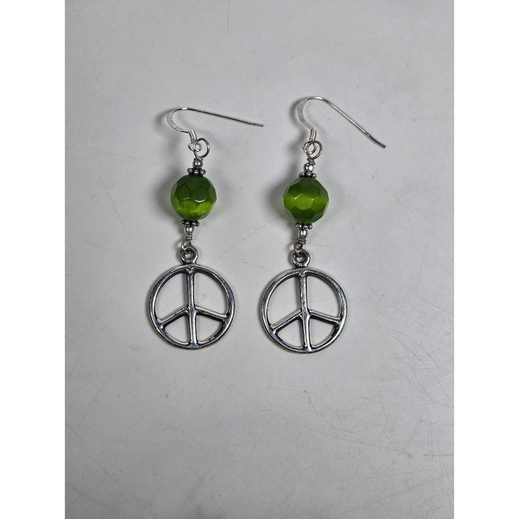 Vintage .925 Sterling Silver Peace Sign Dangle Earrings with Green Beads