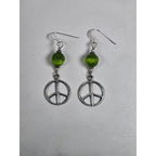 Vintage .925 Sterling Silver Peace Sign Dangle Earrings with Green Beads