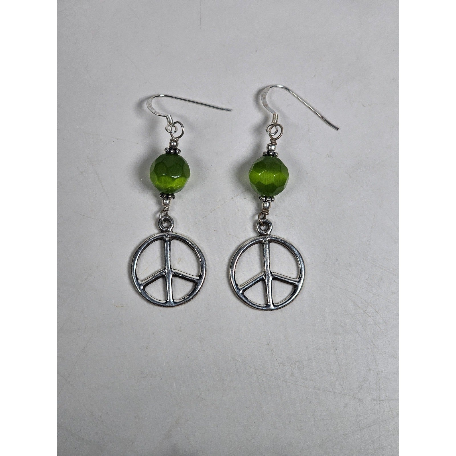 Vintage .925 Sterling Silver Peace Sign Dangle Earrings with Green Beads