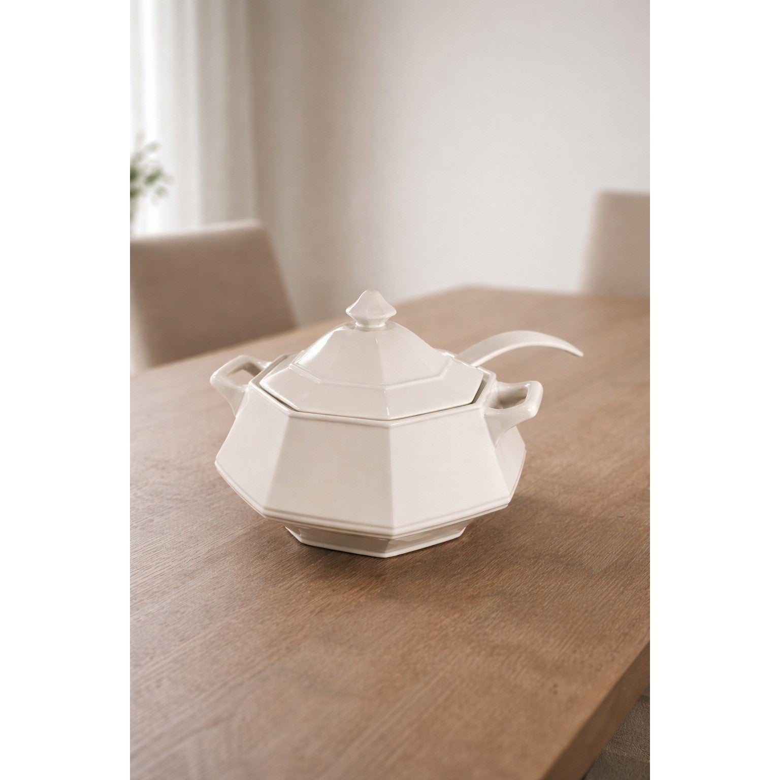 Vintage White Soup Tureen with Lid and Ladle | Octagonal Serving Dish
