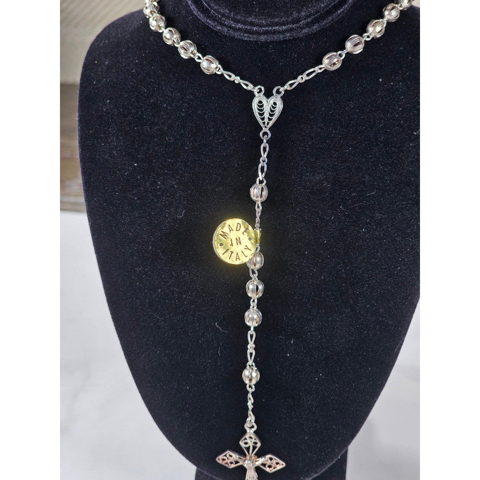 Vintage Silver Tone Rosary Necklace with Filigree Cross Pendant