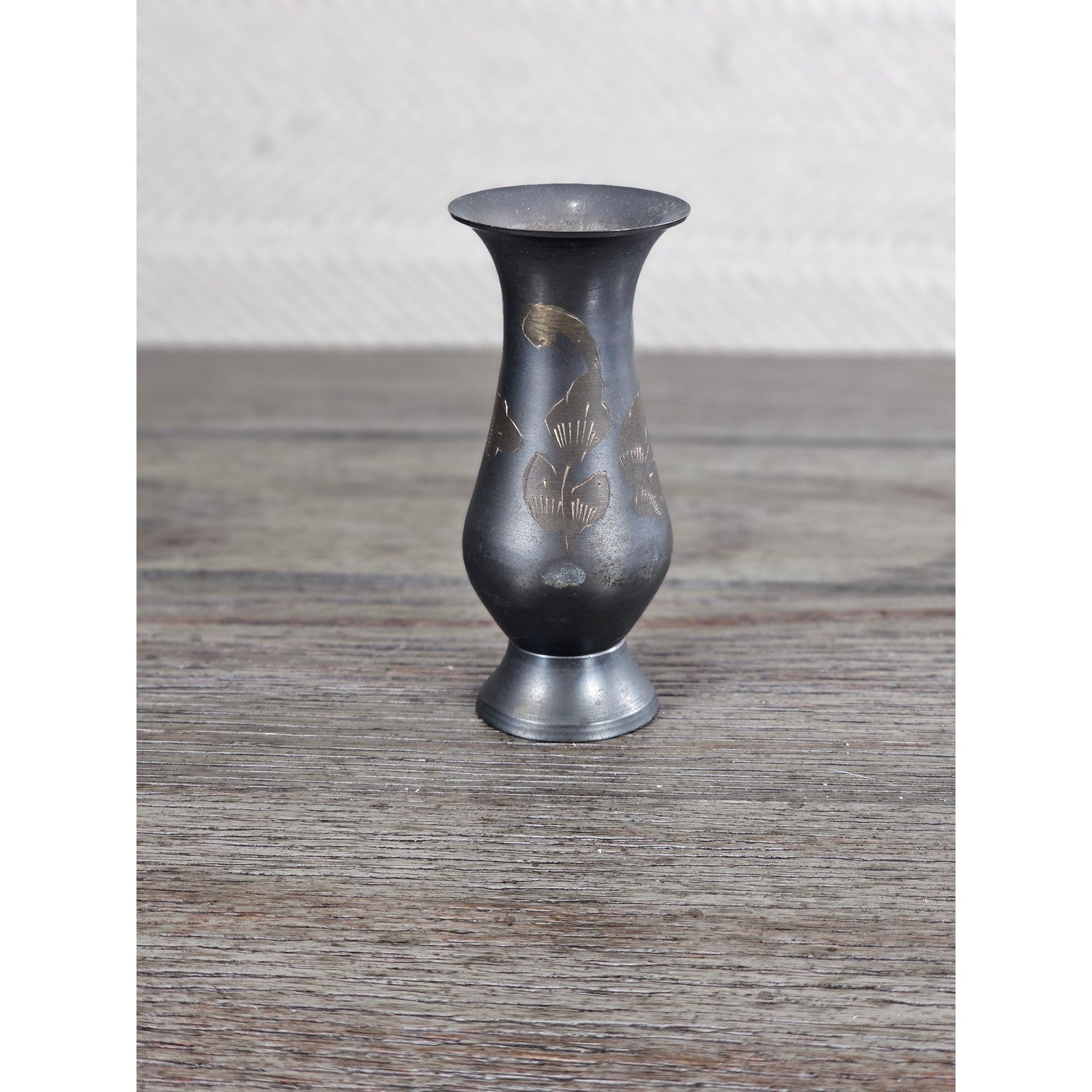 Vintage Etched Pewter Bud Vase Floral Design Small Metal Vase