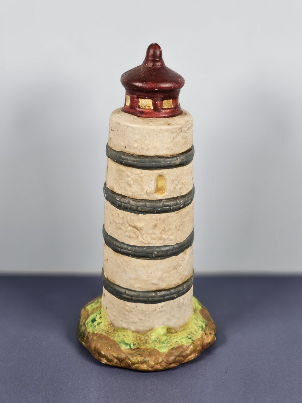 Vintage Ks Collection Beige Plaster Blue Stripe Design Lighthouse 6" Tall