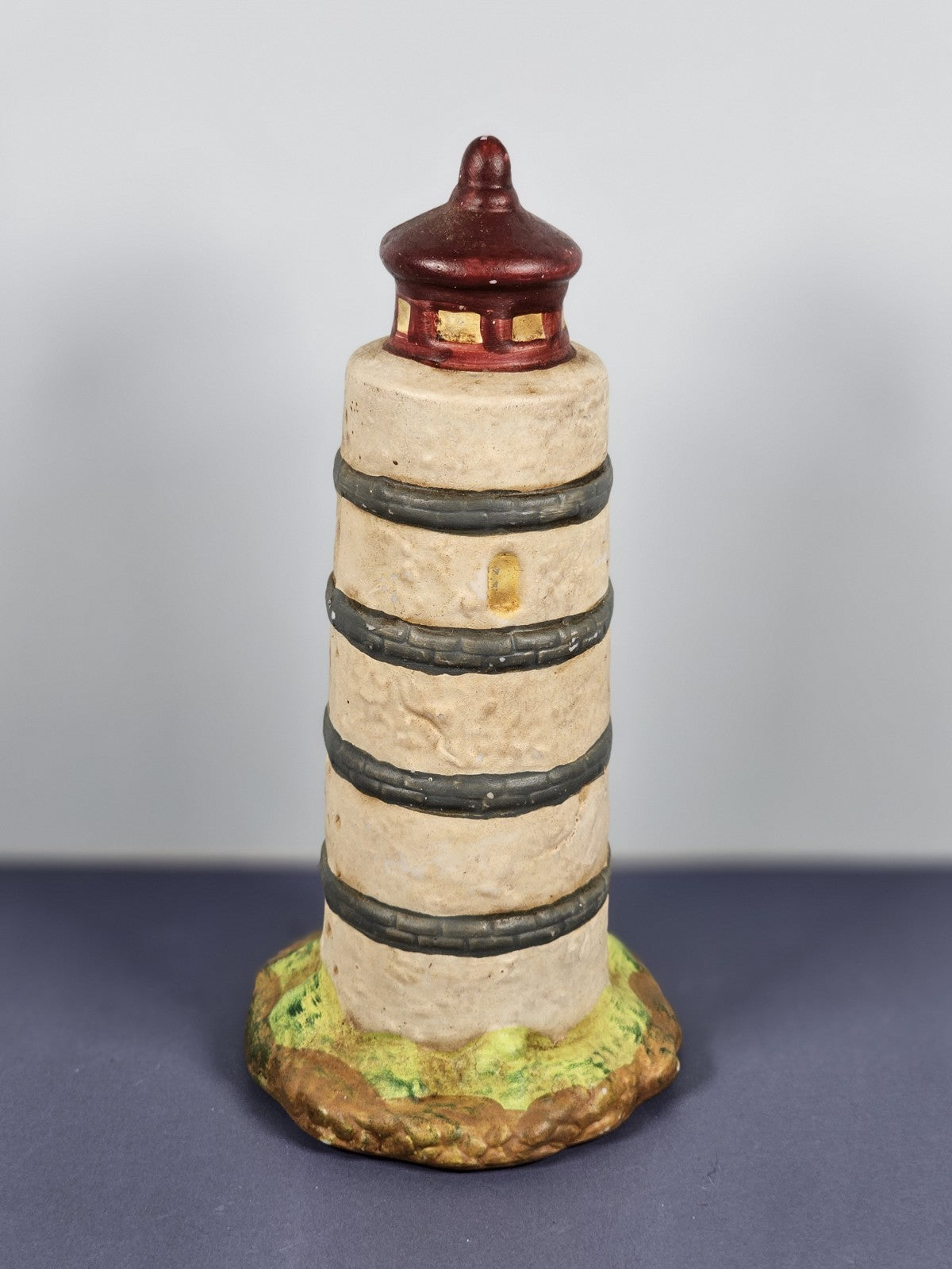 Vintage Ks Collection Beige Plaster Blue Stripe Design Lighthouse 6" Tall