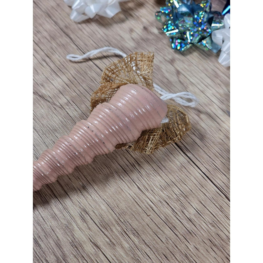 Vintage Pink Shell Christmas Ornament Gold Bow Rose 4 Inch