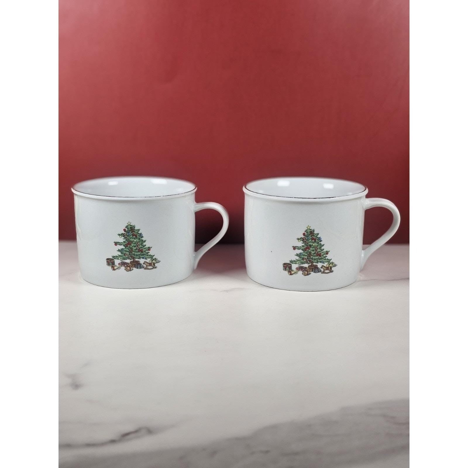 Vintage Tienshan Christmas Tree Porcelain Mugs Set of 2 Holiday Cups