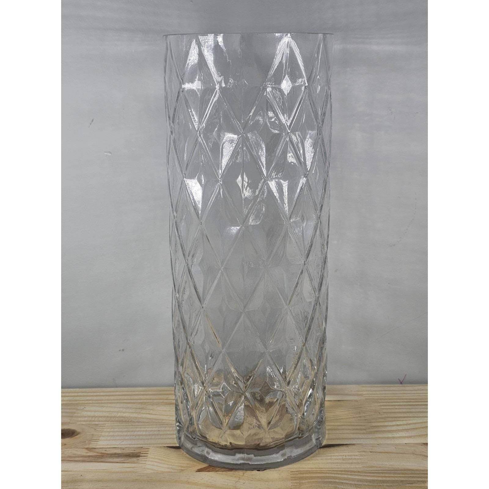 Vintage Diamond Cut Glass Vase 12" Tall Clear Cylinder Floral Vase