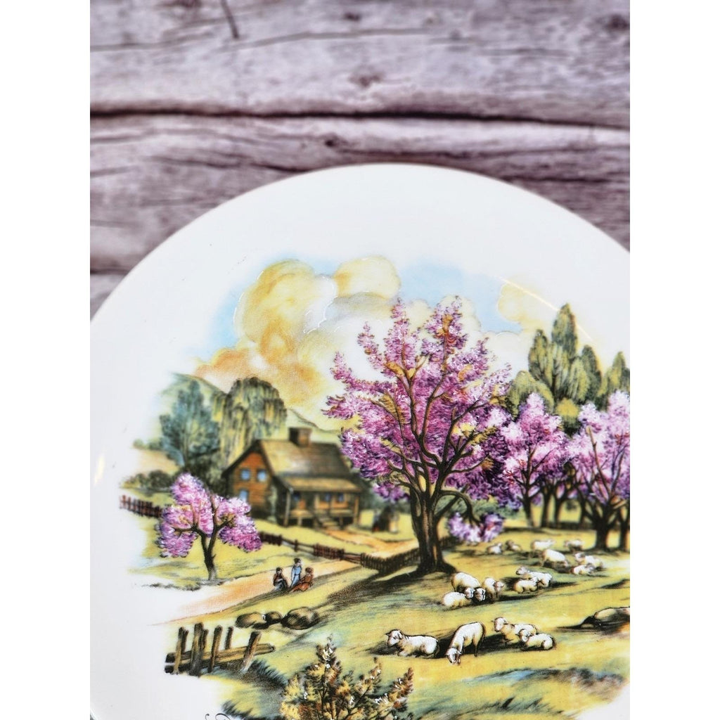 Vintage Currier & Ives Style Pastoral Plate Spring Farm Scene Japan 6.5"