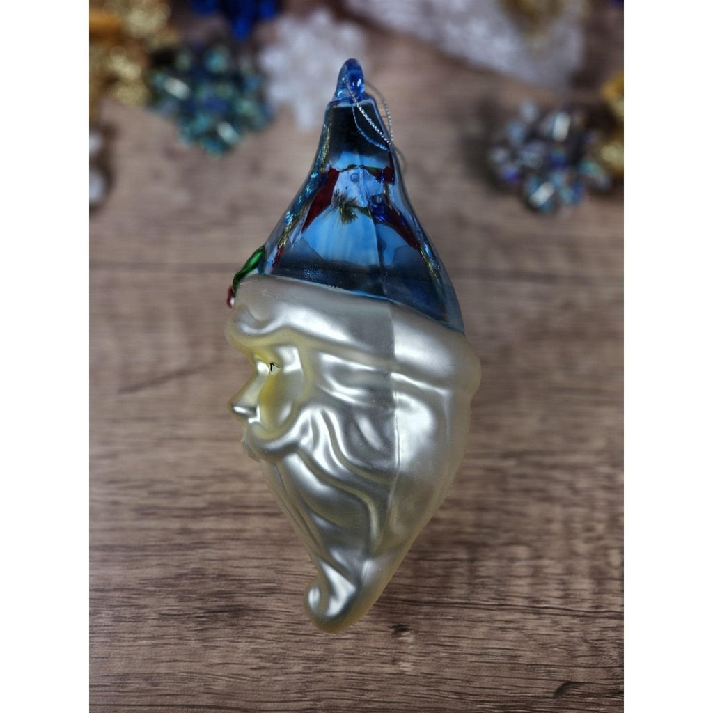 Vintage Glass Santa Ornament Blue Hat 1970s Handblown 7 Inch