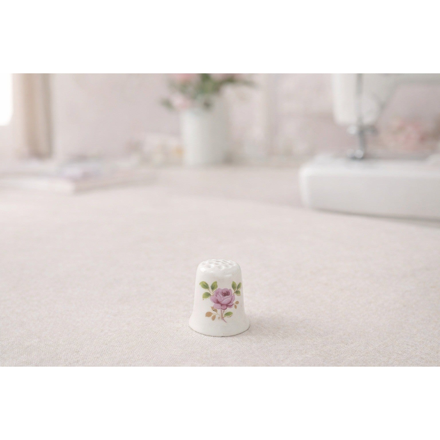 Vintage Porcelain Thimble Pink Rose Floral Sewing Collectible Mini Thimble
