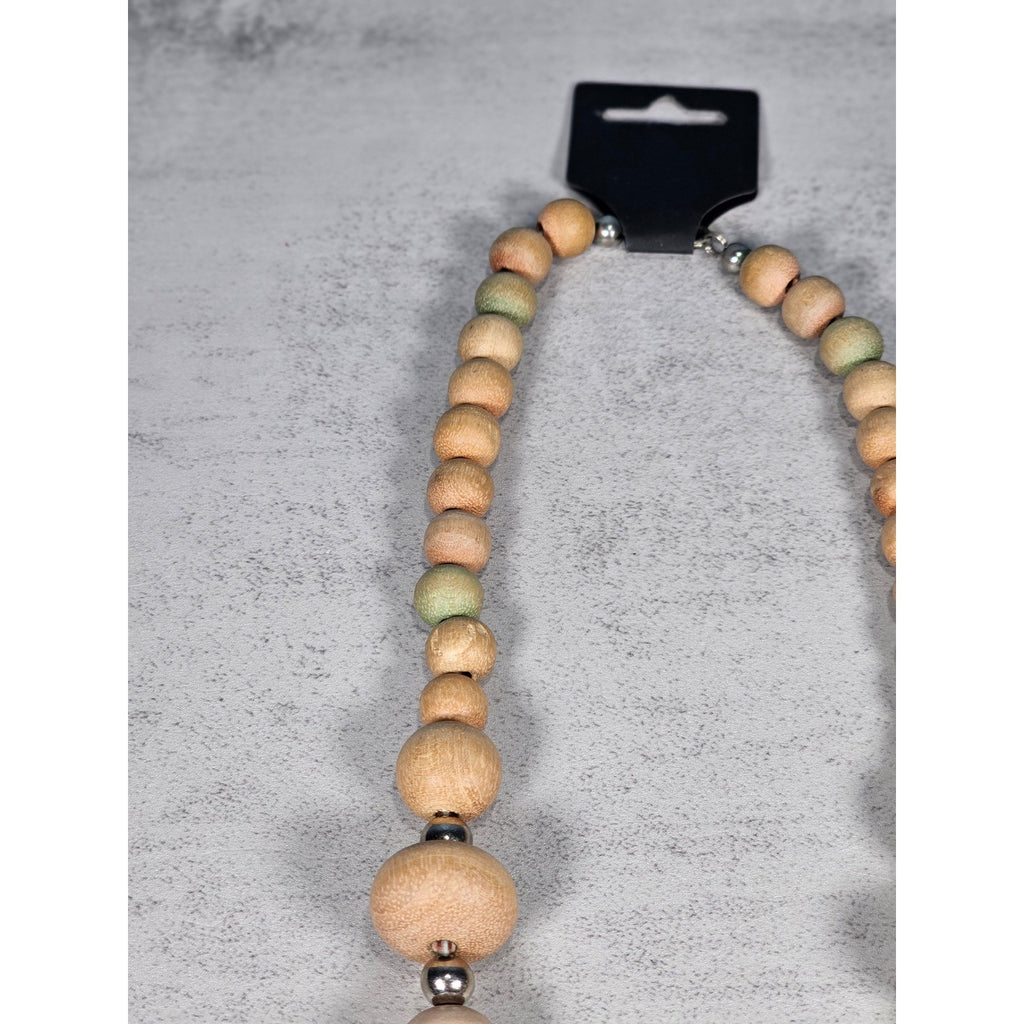 Vintage Wooden Bead Necklace with Silver Tone Accents | Rustic Boho Jewelry