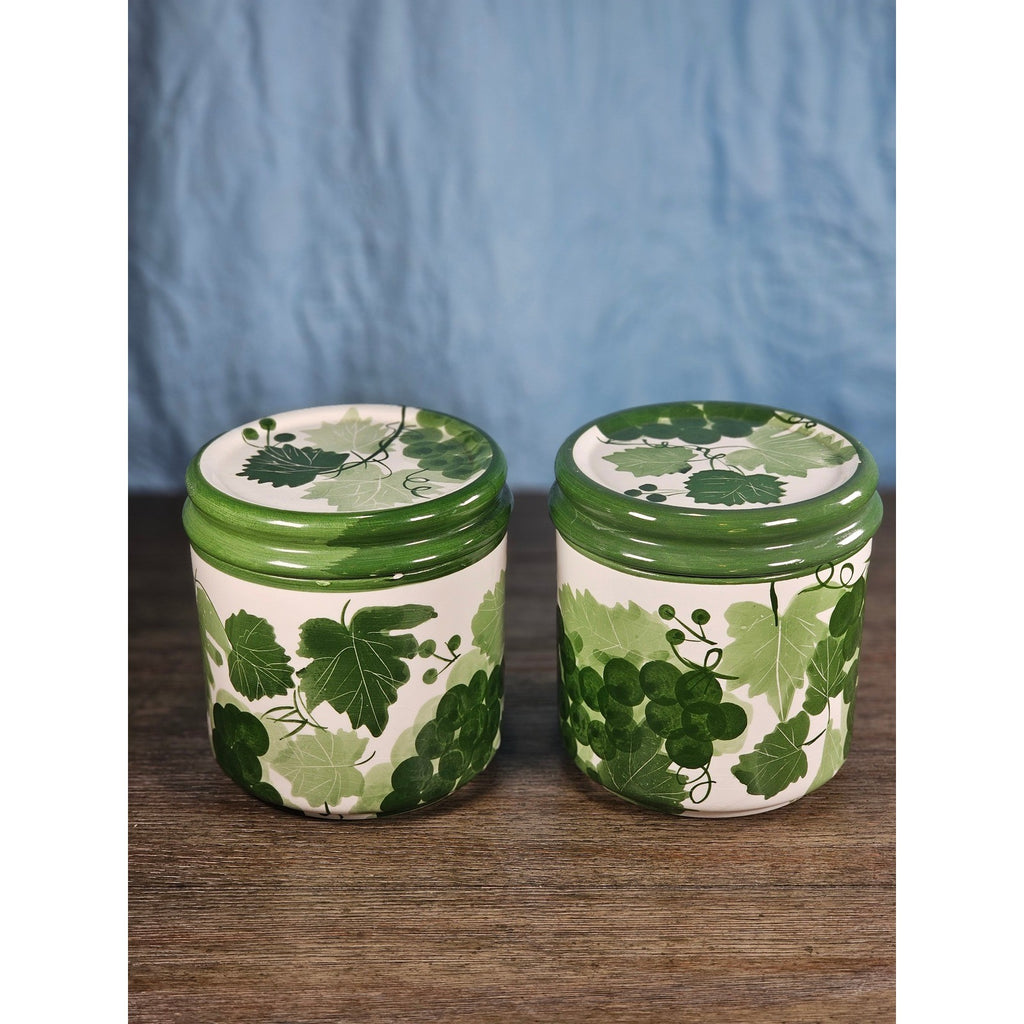 Vintage Grape Leaf Canisters with Lids – Set of 2 – Green Ceramic