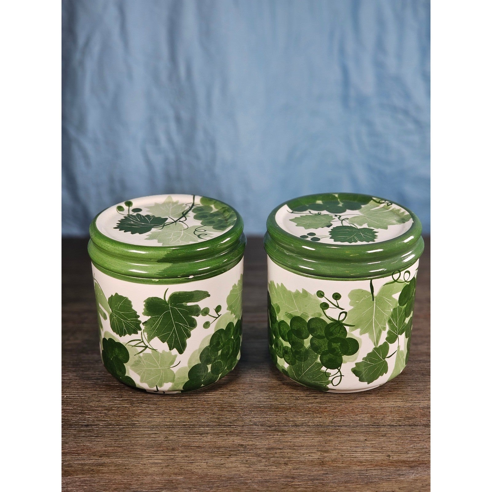 Vintage Grape Leaf Canisters with Lids – Set of 2 – Green Ceramic