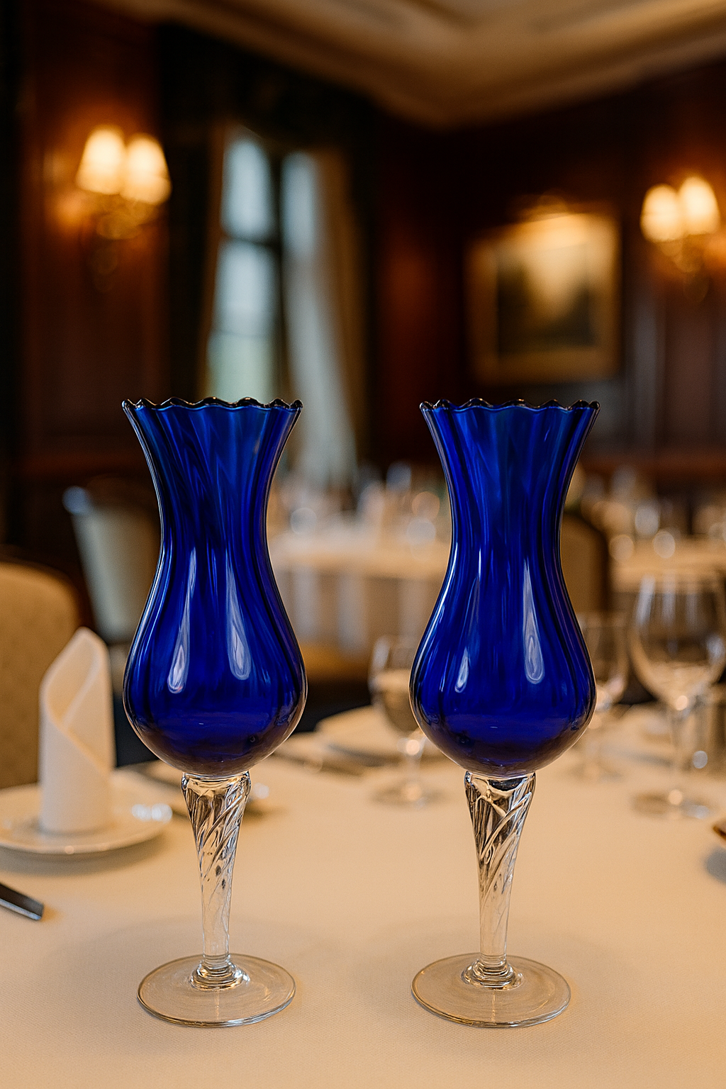 Set of 2 Tall Blue Optic Swirl Wine Goblets – Clear Stem Vintage Glassware 10″