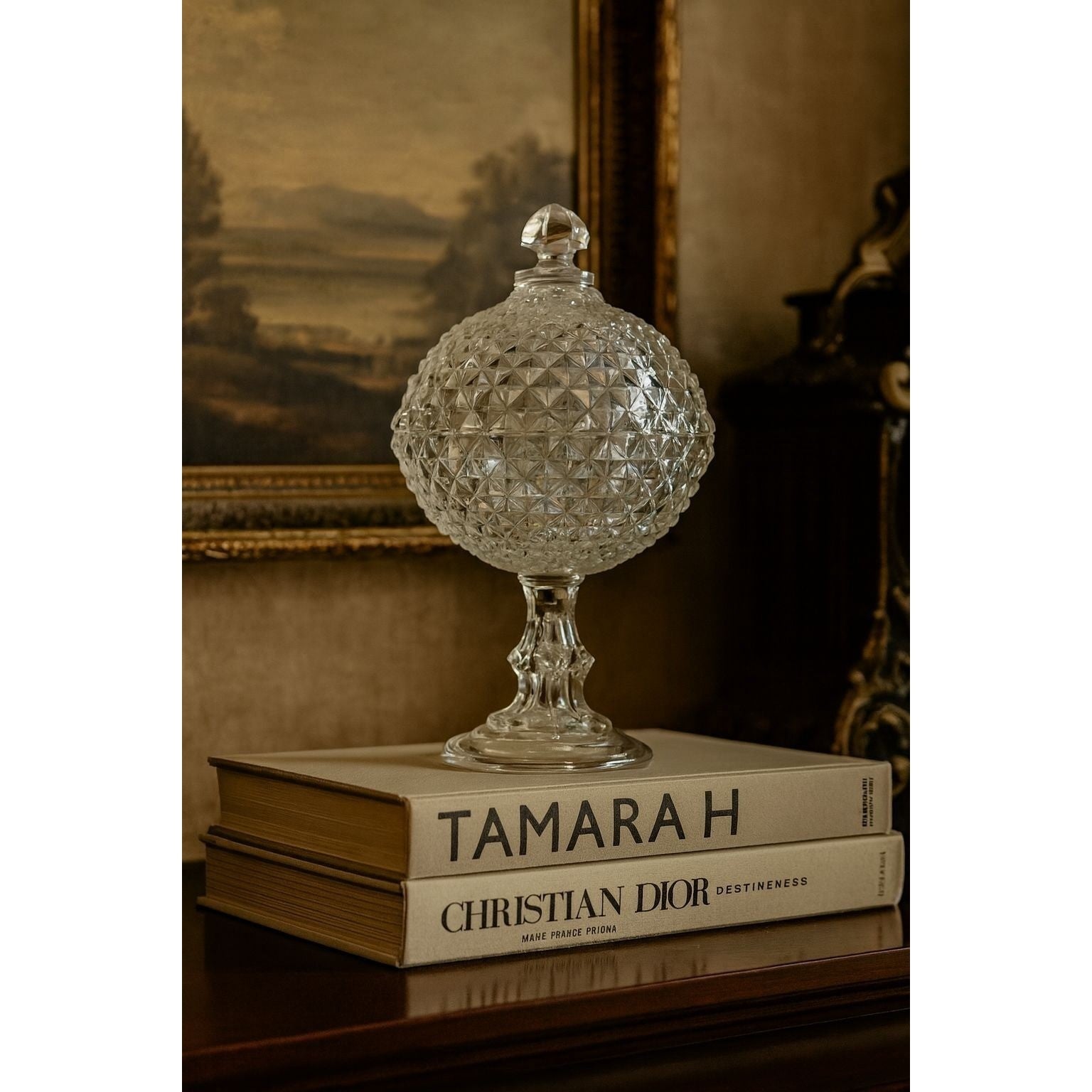 Vintage Saw Tooth Diamond Clear Flint Glass Pedestal Compote With Lid