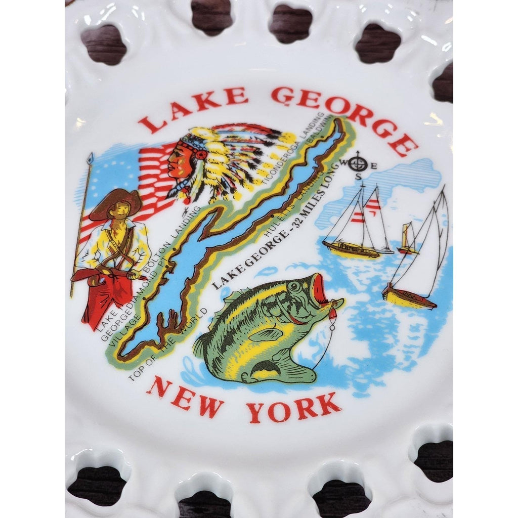 Vintage Lake George New York Souvenir Plate Gold Trim Pierced Rim 7 Inch
