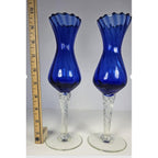 Vintage Blue Optic Swirl Wine Goblets Set of 2 Tall Twisted Stem Glass