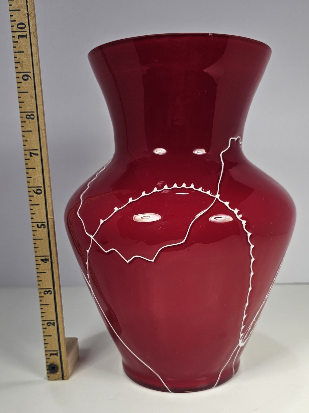 Red Flower Vase W/ White Squiggly Lines