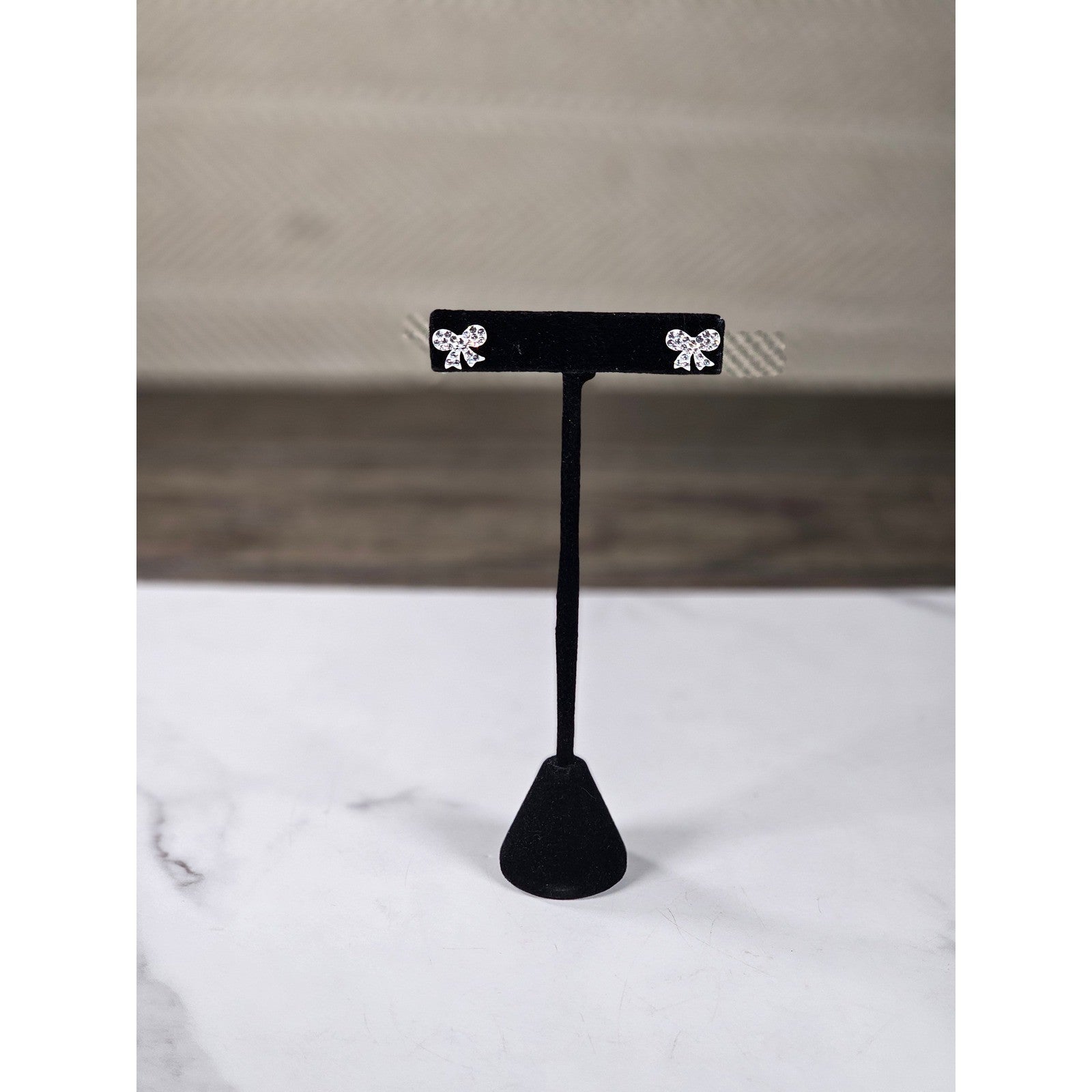 Vintage Rhinestone Bow Stud Earrings Silver Tone