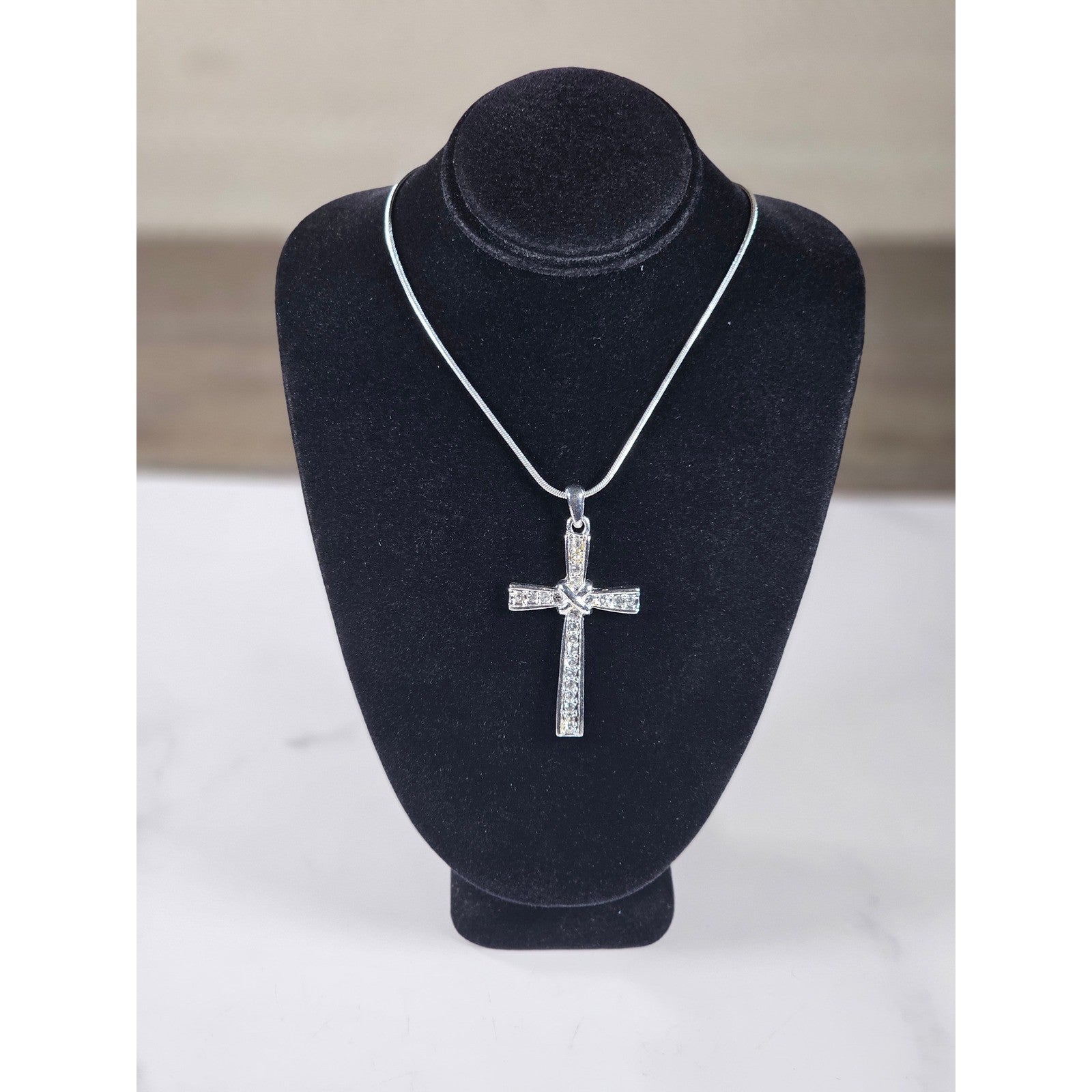Vintage Silver Tone Cross Necklace with Clear Stone Accents