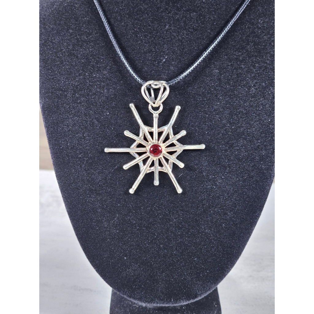 Vintage Starburst Pendant Necklace Red Stone Silver Tone