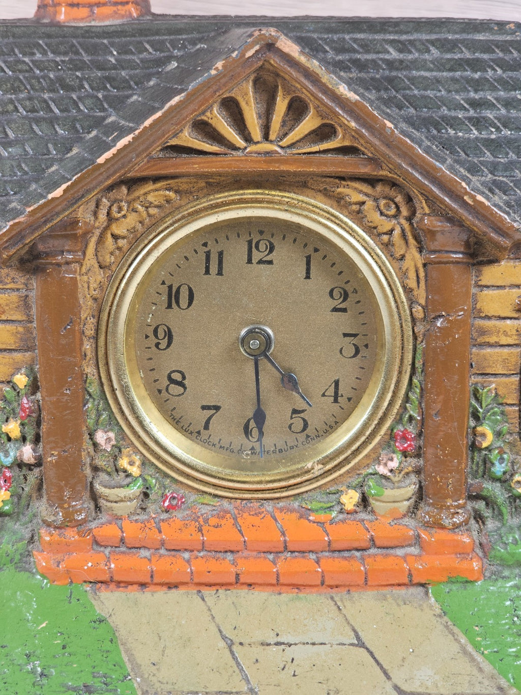 1920's  LUX Clock Co "Bungalow Deluxe Art Clock" Novelty Desk Clock