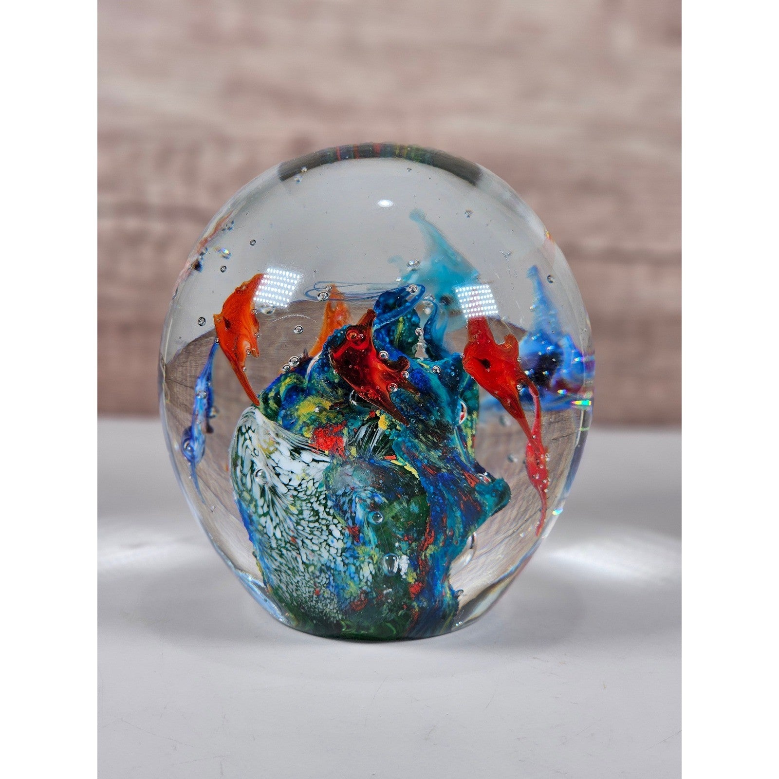 Glass Paperweight Aquatic Scene Fish Swirls Art Hand Blown