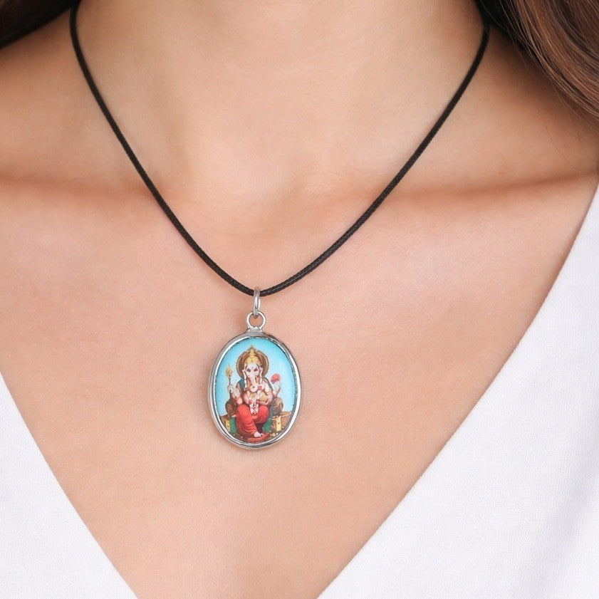 Vintage Ganesha Pendant Necklace Black Cord Hindu Deity Charm