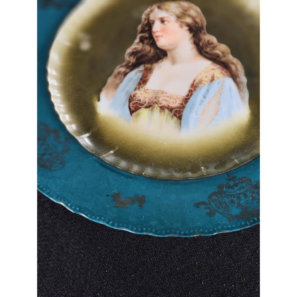 Antique Royal Vienna Porcelain Cabinet Plate Portrait Teal Olive 10 Inch