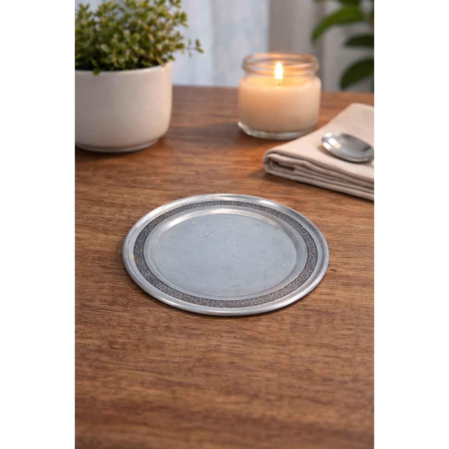 Vintage Newport Pewter Plate 6 Inch with Floral Rim Design