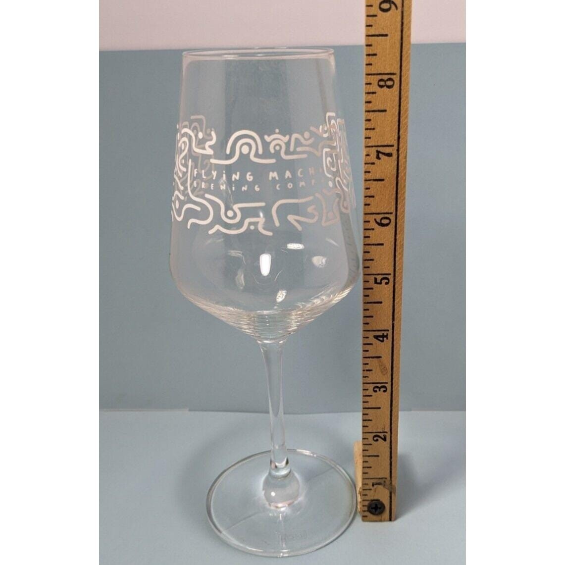 Flying Machine Brewing Wine Glass Etched Clear 9 Inch