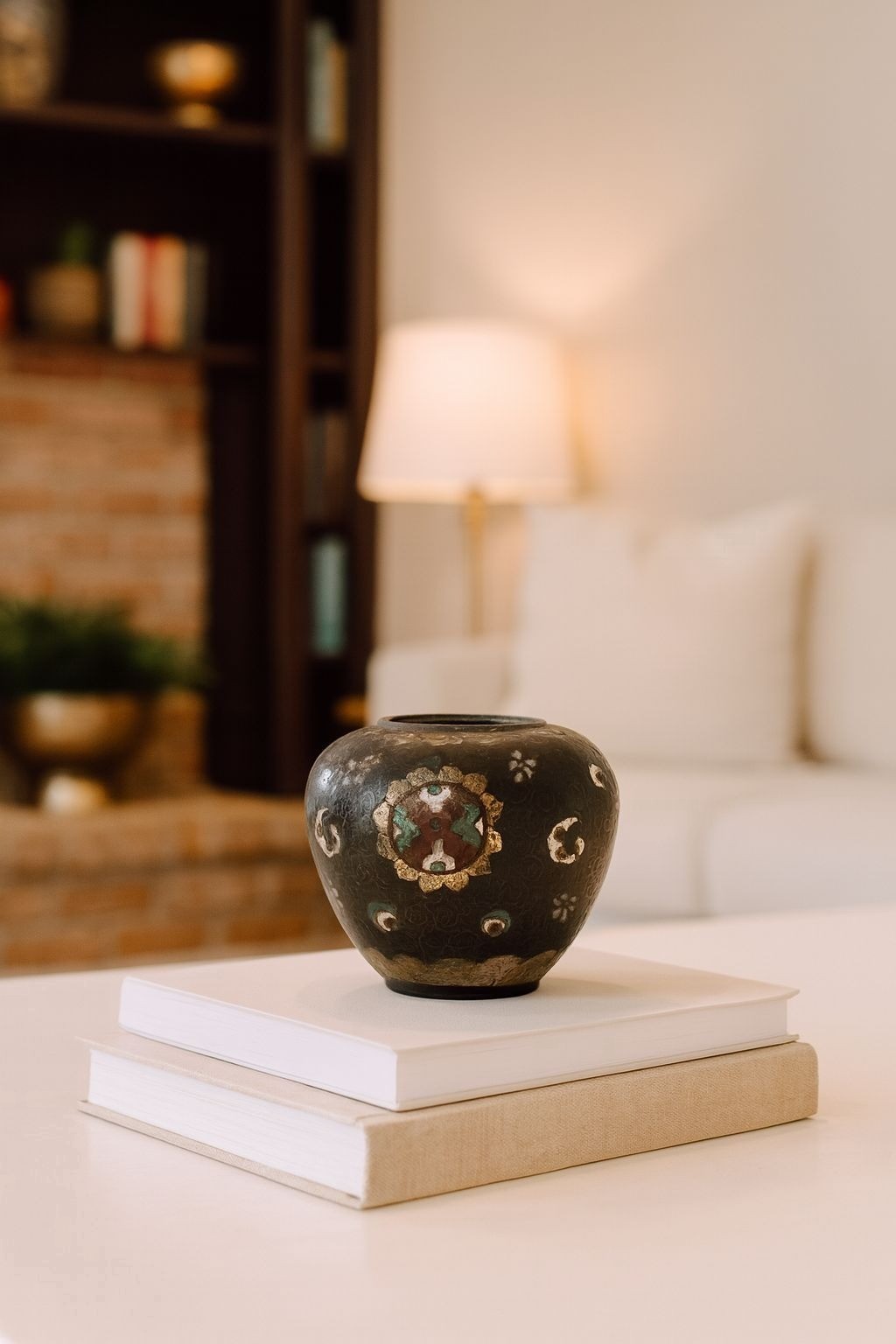 Vintage Cloisonné Mini Vase Black Enamel Floral Blue Interior 2.5"