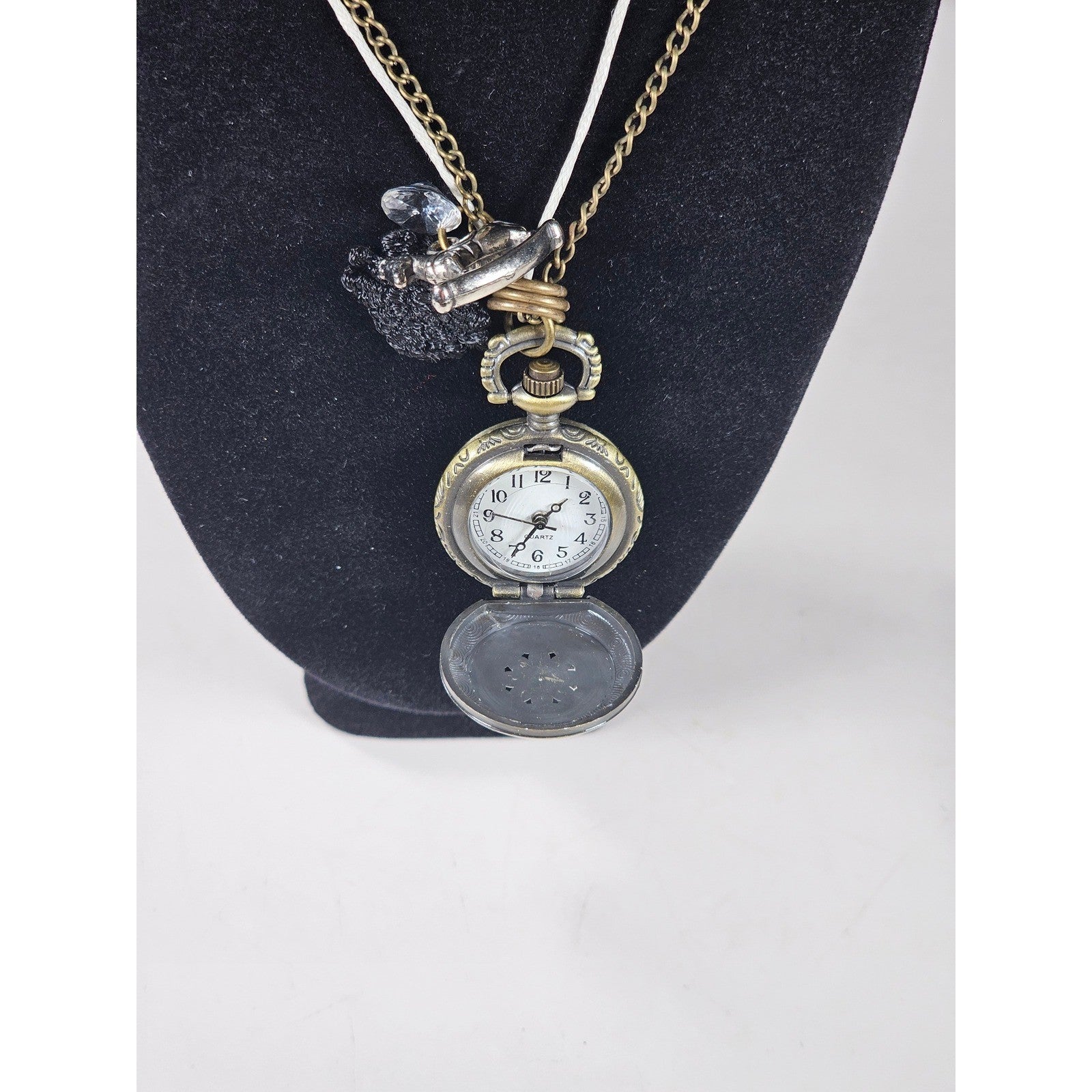 Vintage Pocket Watch Necklace Rocking Horse Charm Long Chain