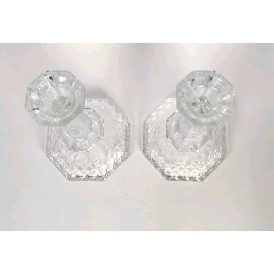 Vintage Crystal Candlestick Holders Diamond Cut Pair 7.5 Inch