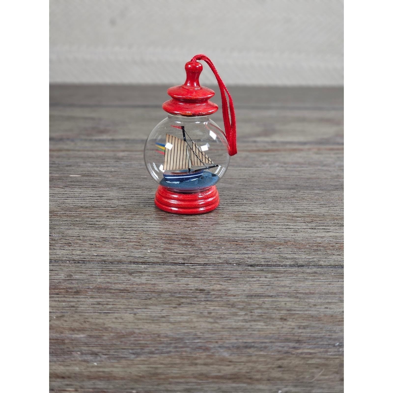 Vintage Style Sailboat Lantern Ornament Wood Glass Nautical Decor