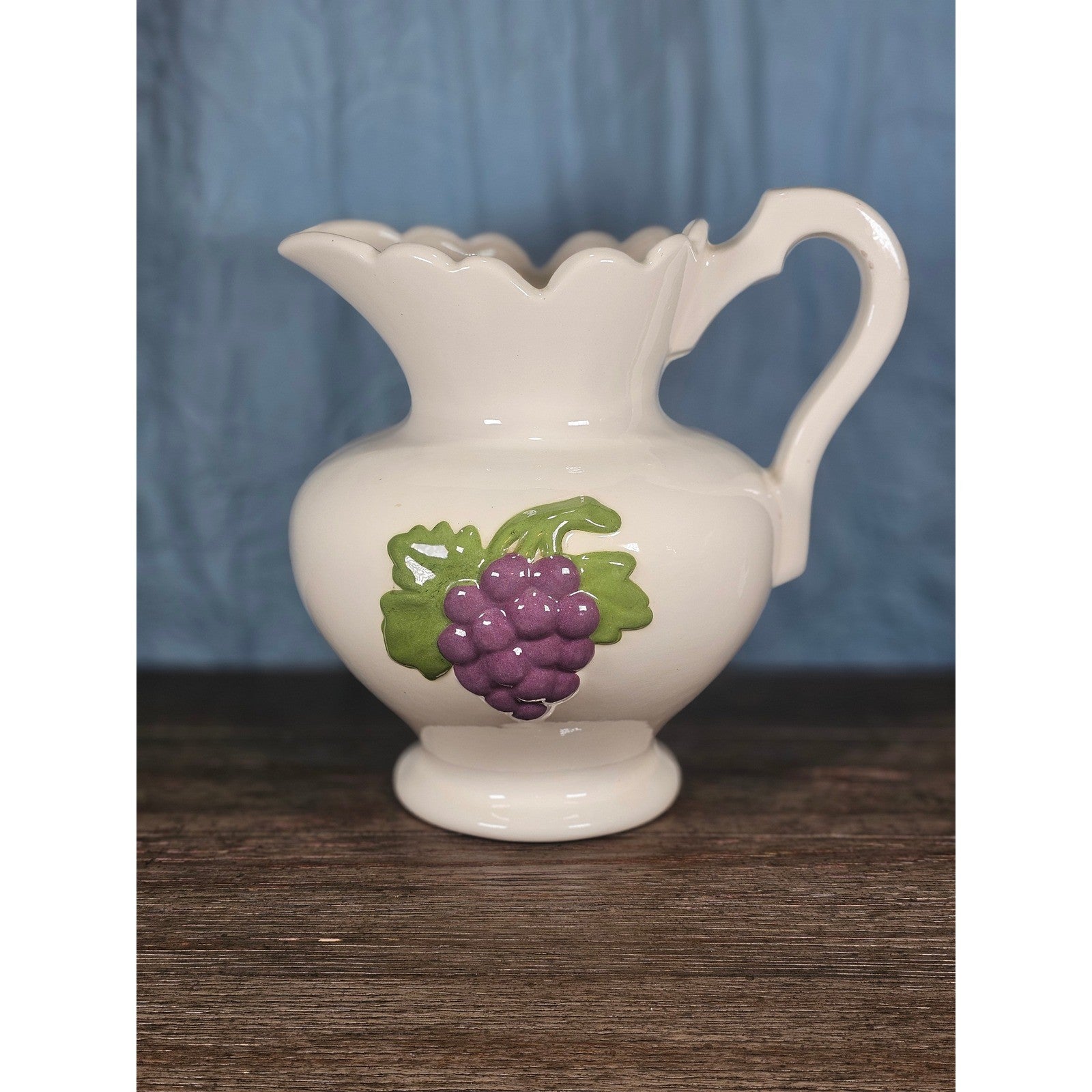 Vintage Ceramic Pitcher with Grape Design | White Pottery Vase Creamer