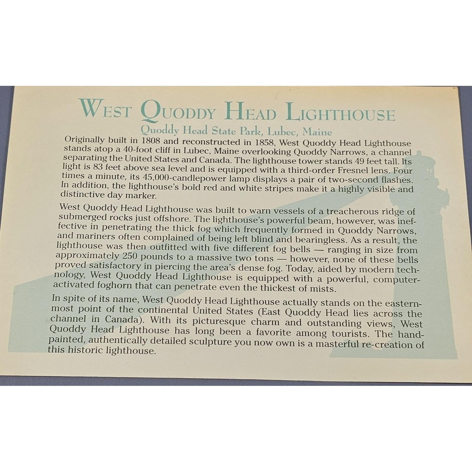 Danbury Mint West Quoddy Head Lighthouse 1994 COA Maine