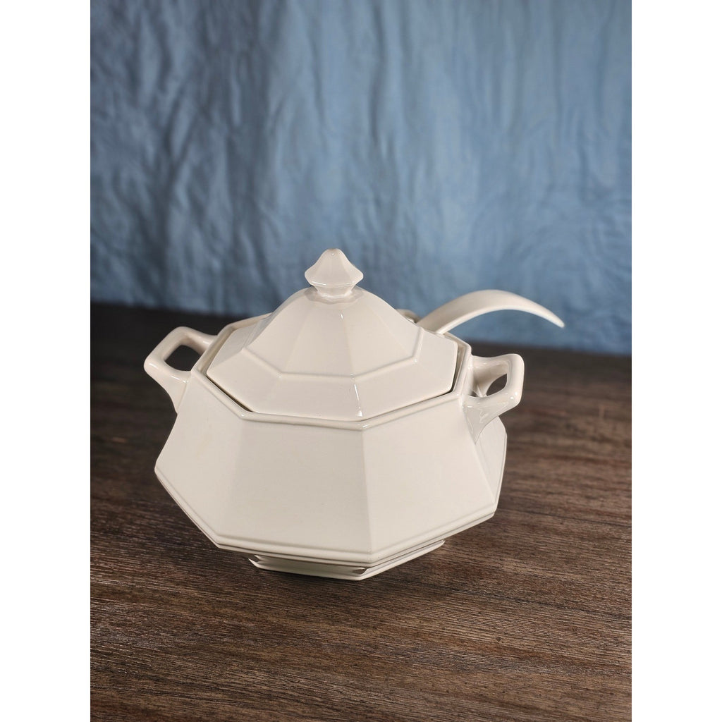 Vintage White Soup Tureen with Lid and Ladle | Octagonal Serving Dish