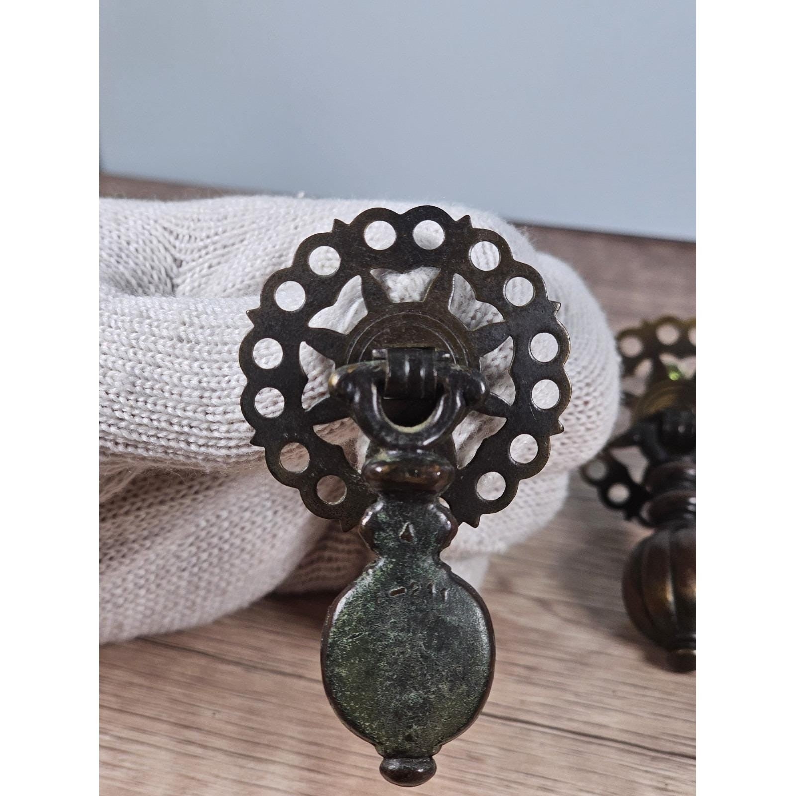 Vintage Brass Bronze Drawer Knobs Set 3 Ornate Cabinet Pulls
