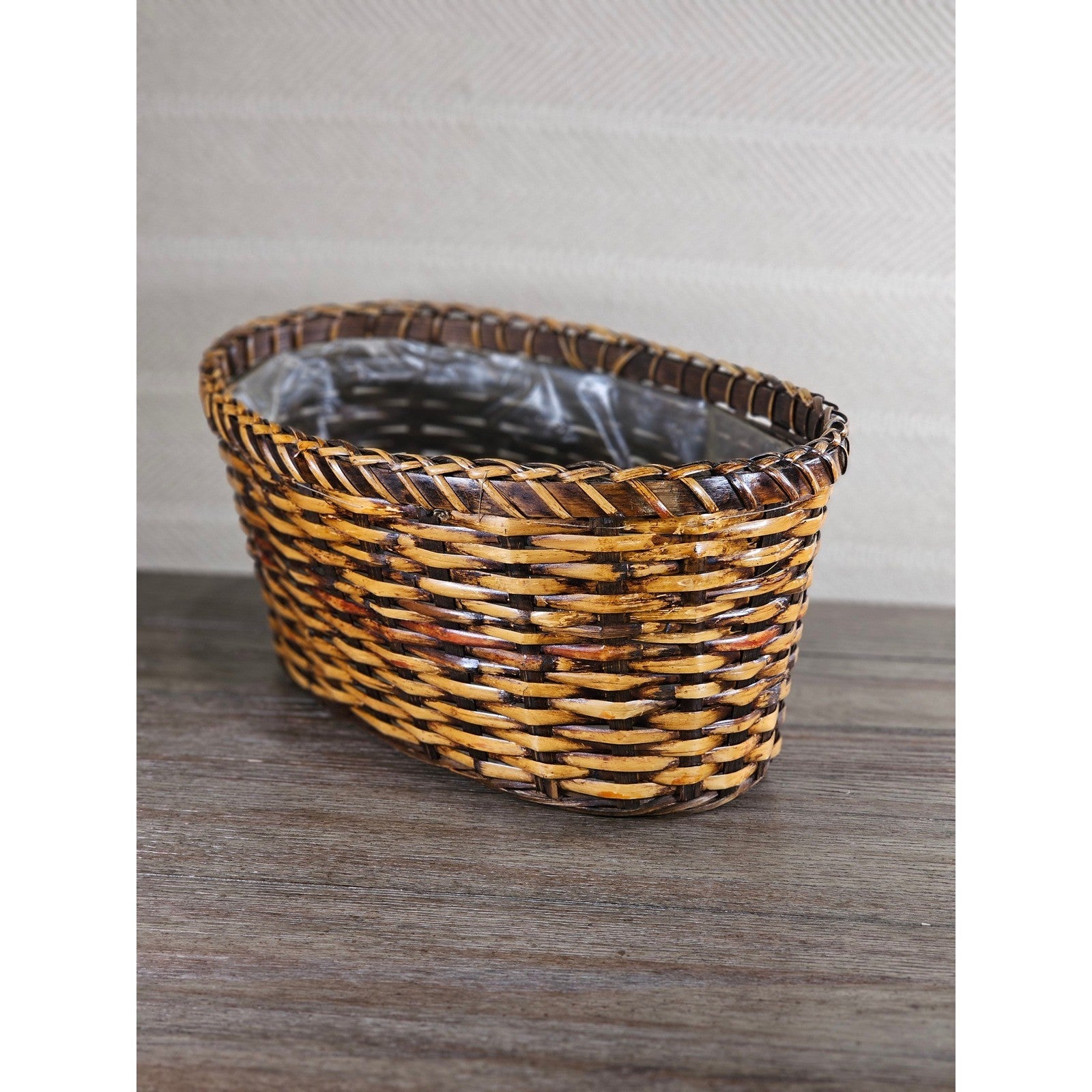 Vintage Woven Basket with Plastic Liner – Rustic Storage or Planter Basket