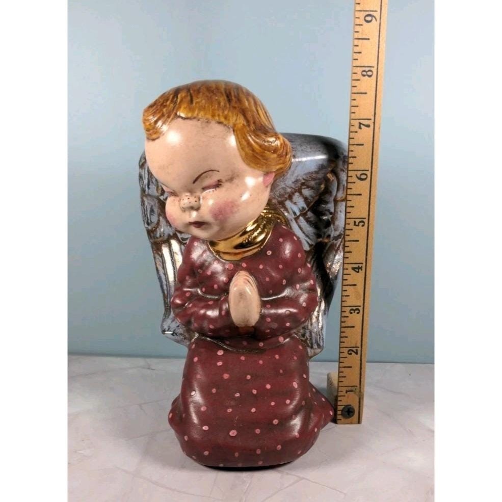 Vintage Kneeling Angel Planter Vase Ceramic Polka Dot