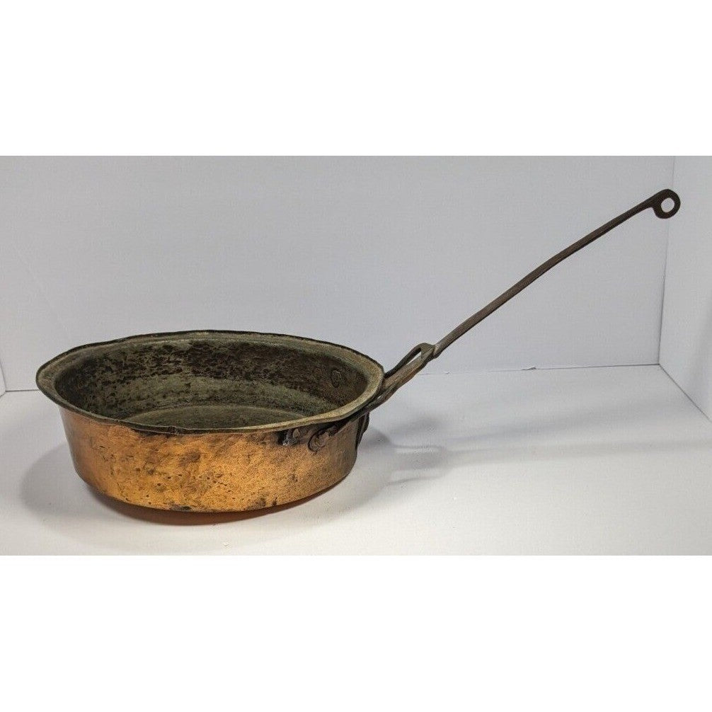 Vintage Copper Skillet with Wrought Iron Handle Rustic Hanging Pan Decor