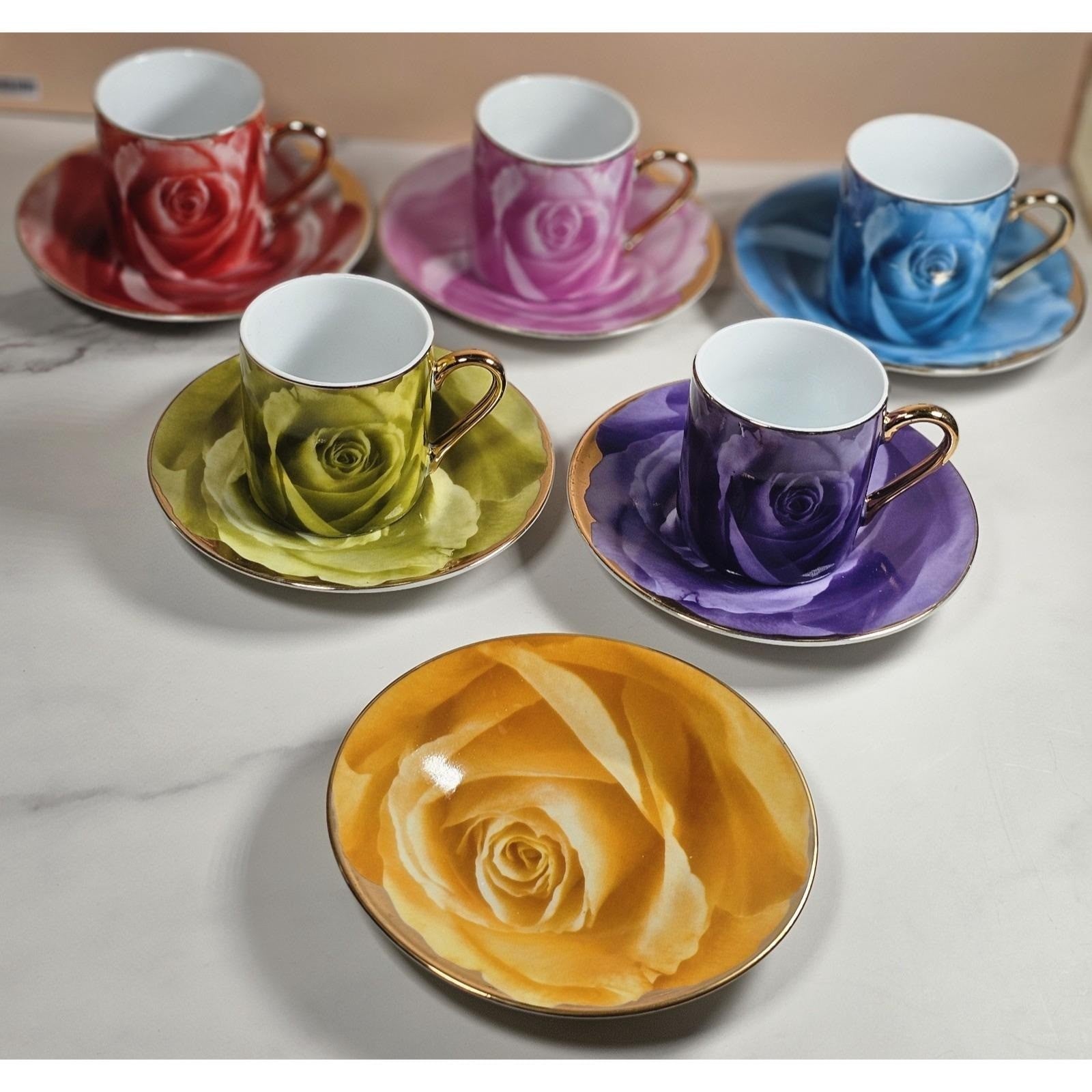 Vintage Floral Coffee Cup & Saucer Set Multicolor Roses Gold Handles