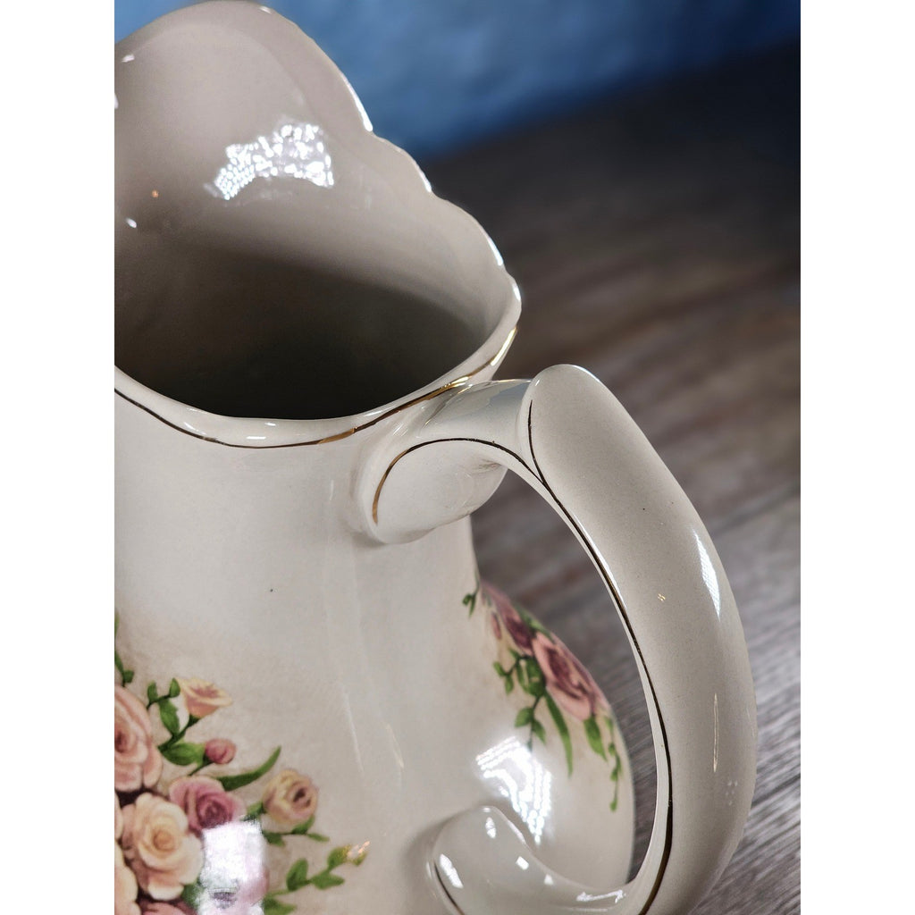 Vintage Belk Floral Ceramic Pitcher Rose Urn Design Cream Vase Handle