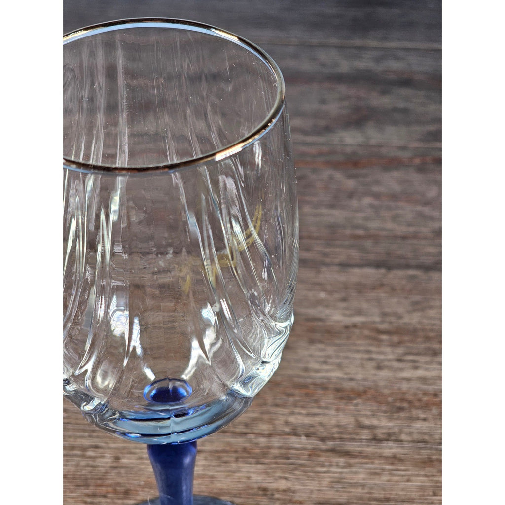 Vintage Blue Stem Wine Glass Clear Etched Bowl 8 Inch Goblet